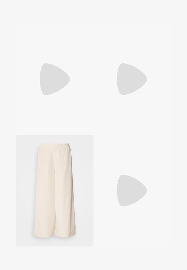 Ribadega lühikeste varrukatega T-särk helesinisest ja valgest. Omab ümmargust kaelust ja pehmet, tekstuurset kangast. Avar lõige lõdva disainiga.; Kreemidest laiad püksid elastse vöökohtaga, millel on lõdva istumisega ja sile tekstuur, sobivad igapäevaseks kandmiseks.; Pruunist lakknahast loafer, millel on ruudukujuline varvas, metallist ahel kaunistus ja madal plokkkonts; sile tekstuur, minimalistlik disain.; Pruun nahast ämbritasku, millel on kaks esipocketit koos pandlitega. Kotil on sile tekstuur ja reguleeritav rihm.