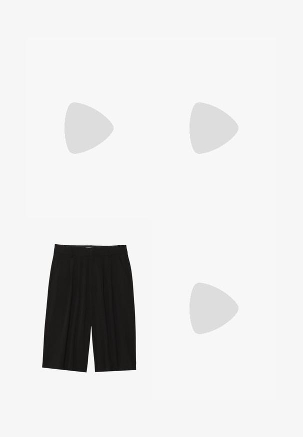 Black off-the-shoulder top made of soft fabric, featuring a fitted design, simple shape, and a smooth, seamless neckline.; Black pleated shorts made of a smooth fabric, featuring side pockets and a straight cut, with a mid-thigh length.; Yellow flip-flops with green straps and textured soles are held by a hand, viewed through a circular frame against a beach backdrop.; Round, brown-tinted sunglasses with a glossy burgundy frame. Slim arms with subtle branding detail. Flat lens design.