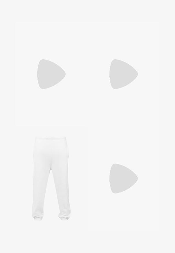 Witte katoenen T-shirt met een blauw en zwart grafisch ontwerp en tekst. Korte mouwen en een ronde hals, casual fit.; Witte sweatpants van zachte stof, met een elastische tailleband, zijzakken en elastische manchetten bij de enkels.; Witte mesh sport schoenen met grijze accenten, gestructureerd ontwerp, vetersysteem, gevoerde kraag en rubberen buitenzool voor grip.; Transparante zonnebril met licht getinte lenzen. Vierkante vorm, gladde textuur en blauwe accenten op de veertjes. Sterk en lichtgewicht materiaal.