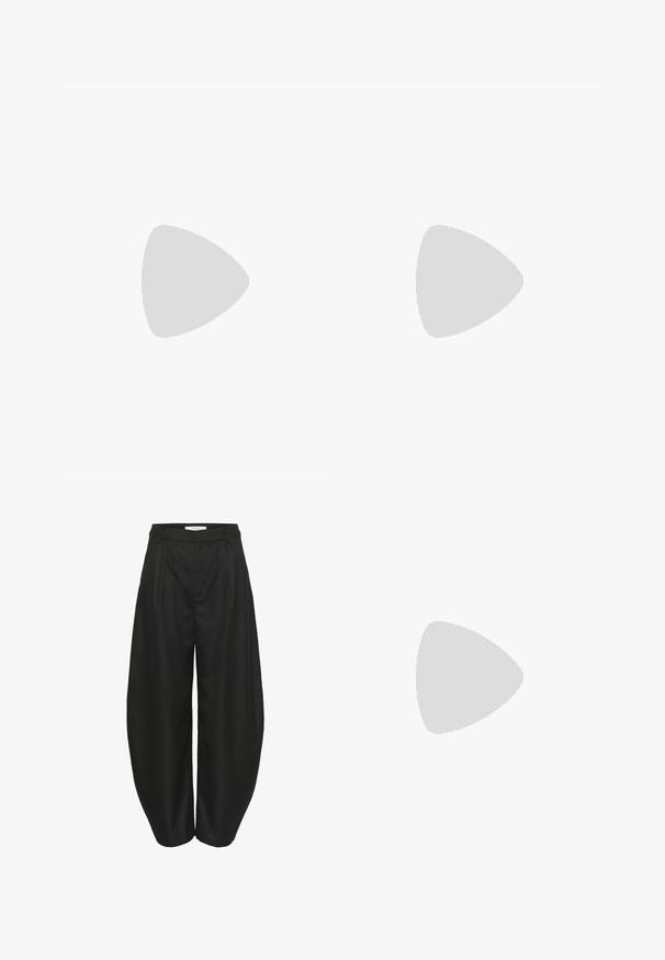 Pink and white striped short-sleeve jersey with black accents, featuring a glossy black logo reading "COPENHAGEN" and a flower emblem.; Black high-waist wide-leg pants with pleats, belt loops, and a concealed front closure, designed by Gestuz.; Black sneakers with a suede and synthetic upper, featuring three white stripes, textured rubber sole, and blue logo tag on the tongue.; Black shoulder bag with a curved design, padded fabric, adjustable strap, and subtle logo. Features a zippered compartment and textured accents.