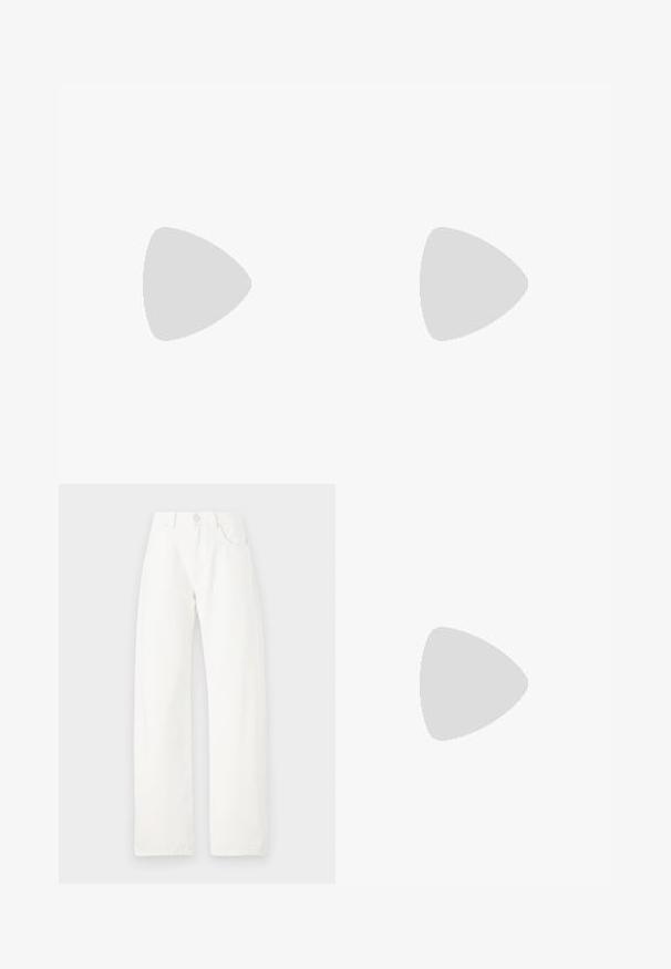 Baltas medvilninis marškinėlis trumpomis rankovėmis, su blizgiu juodu stačiakampiu grafiniu dizainu priekyje, kuriame tekstas "ELISABETTA FRANCHI."; Balti plačios džinsinės kelnės, pagamintos iš medvilnės, su aukštu liemeniu, dviem priekinių kišenių ir vienu mygtuku, užsegimu su užtrauktuku.; Baltos aukštakulnės šlepetės su tekstūruota dirželiu, puoštu krištolo akmenimis, atvira pirštų dalimi ir kulkšnies dirželiu su reguliuojama sagtimi.; Balta odinė rankinė su išlenkta forma, su reljefiniu "CK" logotipu priekyje ir viena petneša. Užtrauktuko uždarymas viršuje.