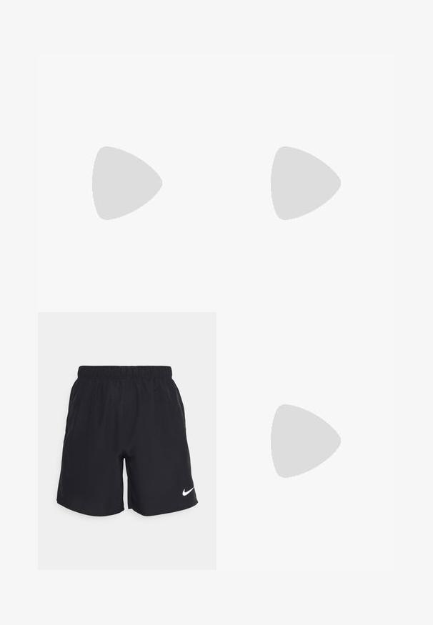 New Balance Top - black; Schwarze Sportshorts aus leichtem Stoff mit einem elastischen Bund und einem weißen Nike-Logo am unteren linken Bein.; Weißer Sportschuh mit einem Obermaterial aus Mesh, glatten Überzügen, grauen Akzenten, Schnürsenkeln und einer gepolsterten Sohle, die für Leistung ausgelegt ist.; Sonnenbrille mit einem weißen Rahmen, grauen Akzenten und blauen Spiegellinsen. Sportliches Design, umschließende Form und verstellbare Nasenpads.