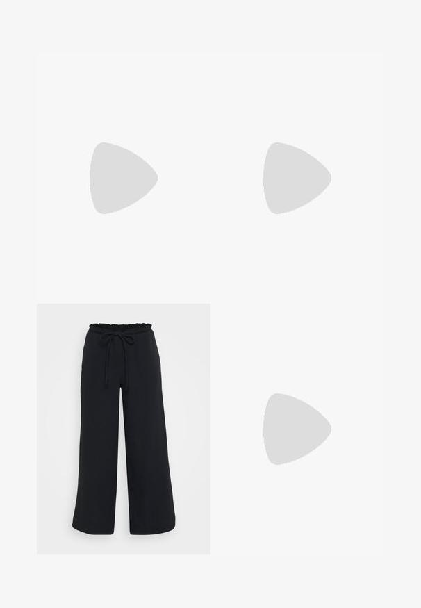 Black bodysuit featuring long sheer sleeves, a fitted design with layered mesh details, and a thong cut at the bottom.; Black wide-leg pants with a textured finish, elastic waistband with ruffled edges, and adjustable drawstring.; Black leather platform mules with a rounded open toe, low block heel, and smooth texture. Minimalist design with sleek lines.; Black sunglasses with rounded edges and tinted lenses. Features gold accent hardware on the temples. Worn with a blue ribbed turtleneck and leather jacket.; Silver hoop earrings featuring a bow design, with a smooth finish and a polished texture. Compact, minimalist style suitable for various occasions.