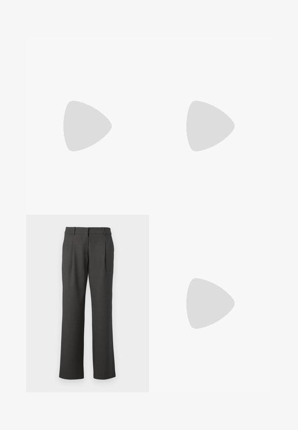 Two fitted camisole tops, one in deep burgundy and the other in black. Made of soft stretch fabric, featuring thin adjustable straps.; Dark gray formal trousers with straight legs, belt loops, and front pleats, displayed against a white background.; Gray sneaker with mesh and suede materials, featuring a white logo, padded collar, and textured rubber sole. Accents in darker gray.; Brown tote bag with a curved shape, featuring a large cutout handle adorned with silver studs along the edge. Made of soft fabric.