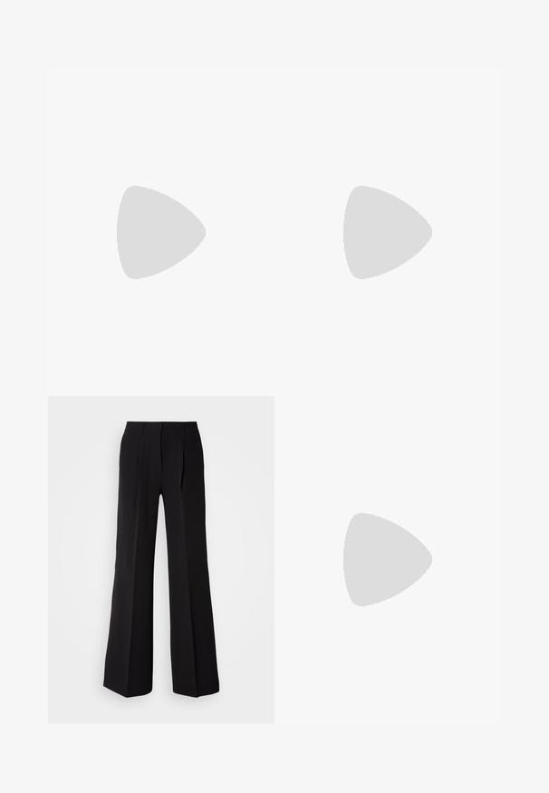 Black polo shirt made of cotton blend fabric. Features short sleeves, a classic collar, and a slim fit design. Smooth texture with minimal detailing.; Black trousers made of smooth fabric, featuring a high waist, wide-leg silhouette, and two front pleats for added design detail.; Black leather ankle boot with pointed toe, elastic side panels with vertical grooves, and a low block heel. Smooth texture and sleek design.; Black leather handbag with a curved shape, silver zipper, and a short handle. Features a subtle logo on the front and smooth texture.