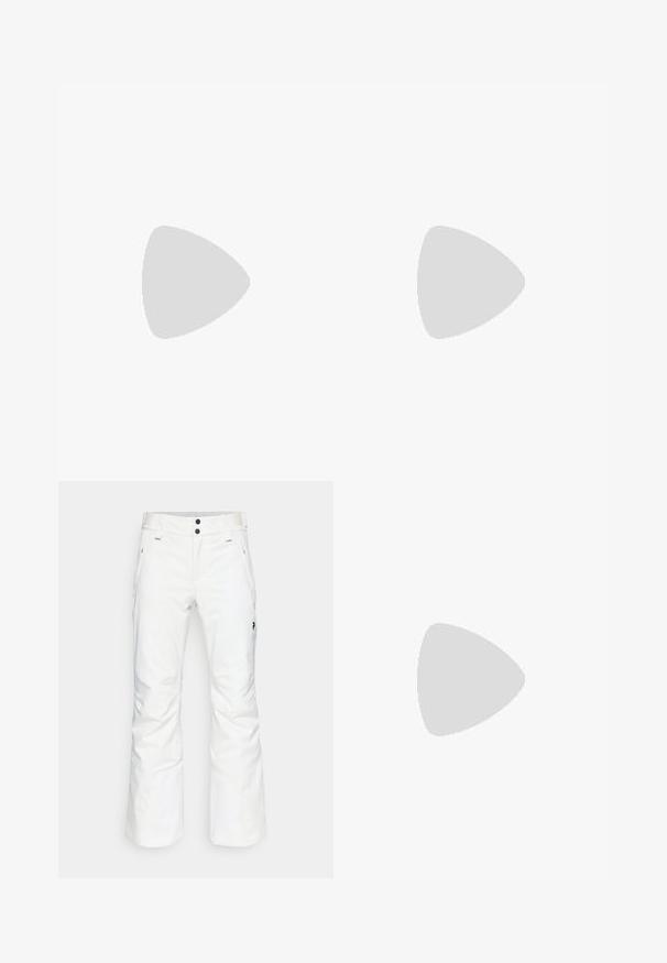 Weißes Polo-Shirt aus glattem Stoff mit klassischem Kragen und kurzen Ärmeln. Schwarzes Logo auf der linken Brust. Knöpfe vorne.; Weiße Schnee-Hosen mit geradem Bein, zwei Vorderseiten-Taschen und zwei schwarzen Knopfverschlüssen. Texturiertes Material mit schwarzem Markenlogo.; Helle beige Laufschuhe mit Obermaterial aus Mesh, gepolstertem Kragen, hervorgehobenem "HOKA"-Logo in Gold und dicker, gepolsterter Sohle für Komfort.; Sportsonnenbrille mit einem grünen gemusterten Rahmen, schwarzen Bügeln und grauen Gläsern. Das Design verfügt über eine Wraparound-Form mit einer auffälligen, sportlichen Silhouette.