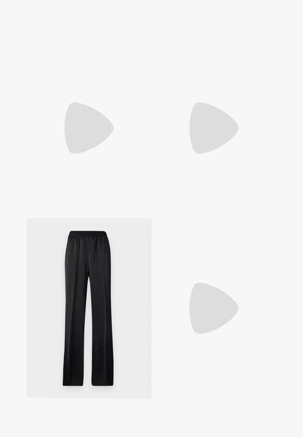 Pikkade varrukatega valge särk, mis on valmistatud pehmest kangast, ümmarguse kaelusega ja diagonaalsete õmblustega, et luua tekstureeritud välimus. Punane brändi silt.; Mustad, laiad püksid elastse vöökoha jaotusega. Valmistatud siledast, kergest kangast, otse lõikega ja ilma nähtavate mustriteta.; Musthave mustika tantsutossud mustast nahast, ümmarguse varbaga, siledast tekstuurist, minimaalse õmblusdetailiga ja paindliku tallakujundusega.; Must zwart sünteetilisest materjalist õlakotil on kaarjas siluett, struktureeritud viimistlus, kultne kolmnurga logo ja eemaldatavad metallaktsendid.