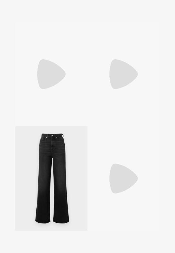 Long-sleeve white T-shirt made of soft cotton. Features a round neckline and a small accent logo near the hem. Smooth texture, fitted design.; Wide-leg black denim jeans with a high waist, featuring five pockets and metal hardware detail. Smooth texture and minimal fading.; Black leather knee-high boots with a sleek design, featuring a thick sole and a side pull tab for easy wear. Notable stitching accents.; Black synthetic handbag with top handles, detachable shoulder strap, rounded shape, smooth texture, and silver logo accent on the front.