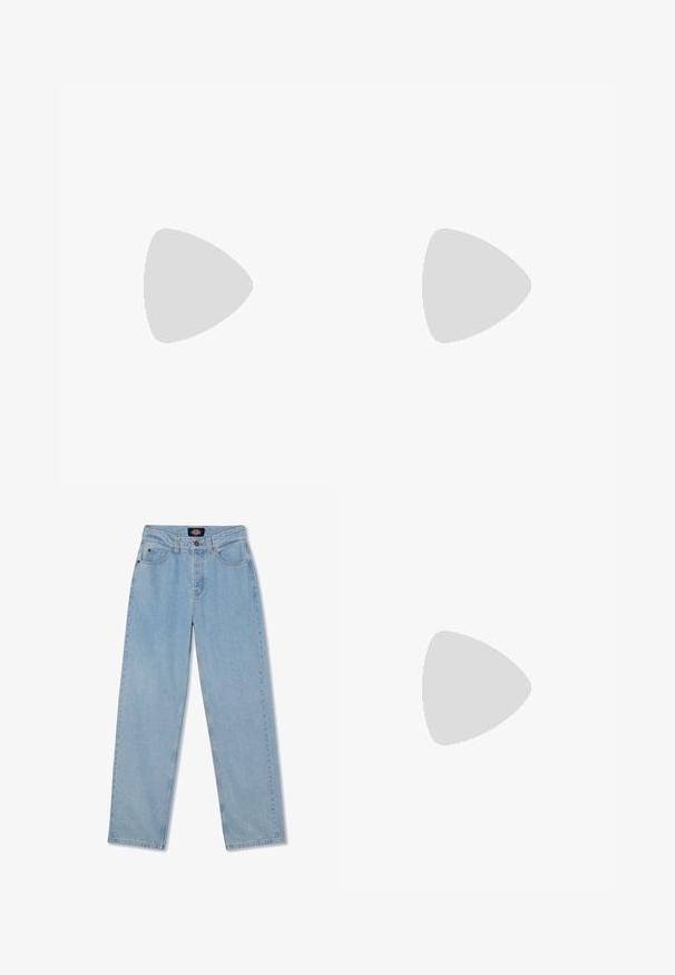 White ribbed tank top with a V-neck design, featuring the word "DICKIES" in bold black letters across the chest. No sleeves.; Light blue denim jeans with a straight cut, five pockets, button closure, and subtle whiskering on the front.; Cream and lavender sneakers with three stripes and a textured brown sole, featuring laces and a padded heel. Soft fabric upper.; Tan vegan leather bag with two handles, detachable shoulder strap, black accent stitching, and a small black logo on the front.