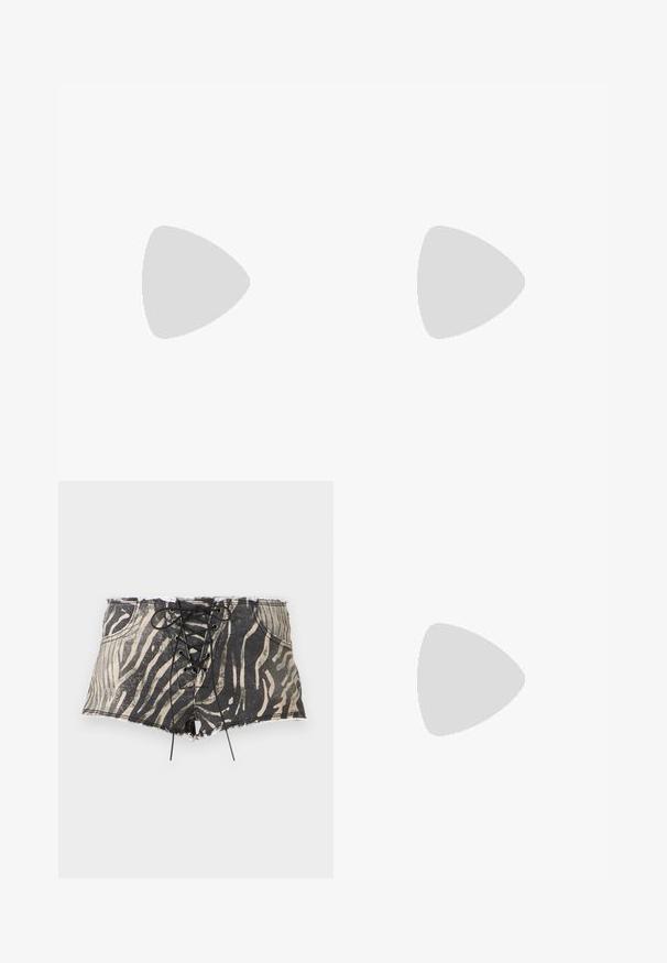 White halter top made of soft fabric. Features a deep V-neck, wrap design, and adjustable tie at the waist. Smooth texture, casual style.; Denim shorts with a black and beige zebra print, featuring a lace-up front, frayed hem, and pockets on each side.; Black patent heeled sandals with a square toe, ankle straps, and silver buckles. Features a chunky block heel for stability.; Black leather handbag with a curved shape, detachable strap, and gold hardware. The bag features a flap with a buckle detail.