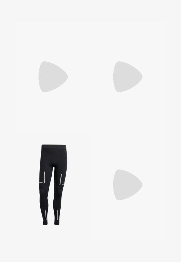 Langsleeve sportshirt in marineblauw met lichtgrijze meshpanelen op de schouders, ronde hals en subtiele witte accenten op de mouwen. Zacht, ademend materiaal.; Zwarte sportleggings met een aansluitend ontwerp, gemaakt van rekbaar materiaal; voorzien van reflecterende strepen langs de zijkant voor zichtbaarheid.; Witte sportieve schoen met zwarte diagonale strepen, gemaakt van lichtgewicht mesh materiaal, groene accenten en een rode hielstrook; heeft een slank, verlengd ontwerp.; Zwarte zonnebril met een matte afwerking, rechthoekige glazen, een lichte kromming op de slapen, subtiele logodetails en rookgetinte glazen.