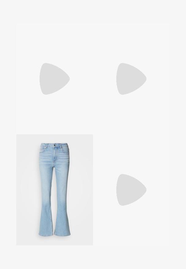 White tank top with adjustable straps, featuring a decorative lace trim along the neckline and a fitted, ribbed texture.; Light blue flared jeans made of denim with a high waist, featuring subtle fading and a standard zip-fly closure.; White leather Mary Jane flats with a pointed toe, side buckle, and low black heel. Smooth texture and minimalistic design.; Gray suede tote bag with two dark leather handles. Features stitched detailing on the sides, soft texture, and a spacious opening.; Four silver rings with varying designs: twisted band, layered curves, delicate crystals, and a smooth band with small accents.