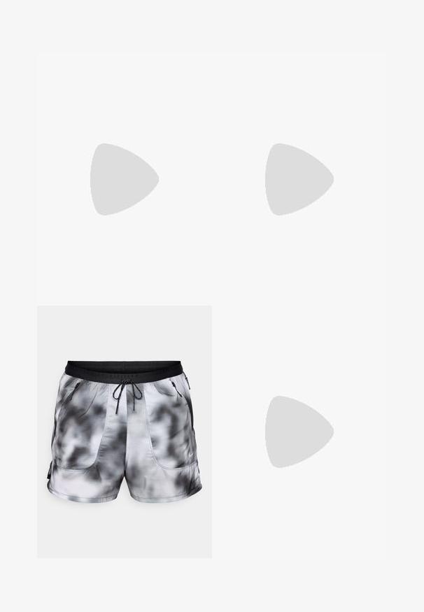 Camisa polo a rayas en blanco y azul marino, fabricada en una mezcla de algodón. Presenta un cuello, dos botones y un pequeño logo negro de Nike en el pecho.; Pantalones cortos deportivos para hombres en un patrón de teñido anudado en blanco y negro. Fabricados con un tejido ligero y transpirable, cuentan con dos bolsillos con cremallera y una cintura con cordón.; Zapatilla deportiva blanca con parte superior de malla, sobrecapas de textura suave, acentos en gris, cordones y una suela acolchada diseñada para el rendimiento.; Gafas de sol con montura blanca, detalles grises y lentes espejados azules. Diseño deportivo, forma envolvente y almohadillas para la nariz ajustables.