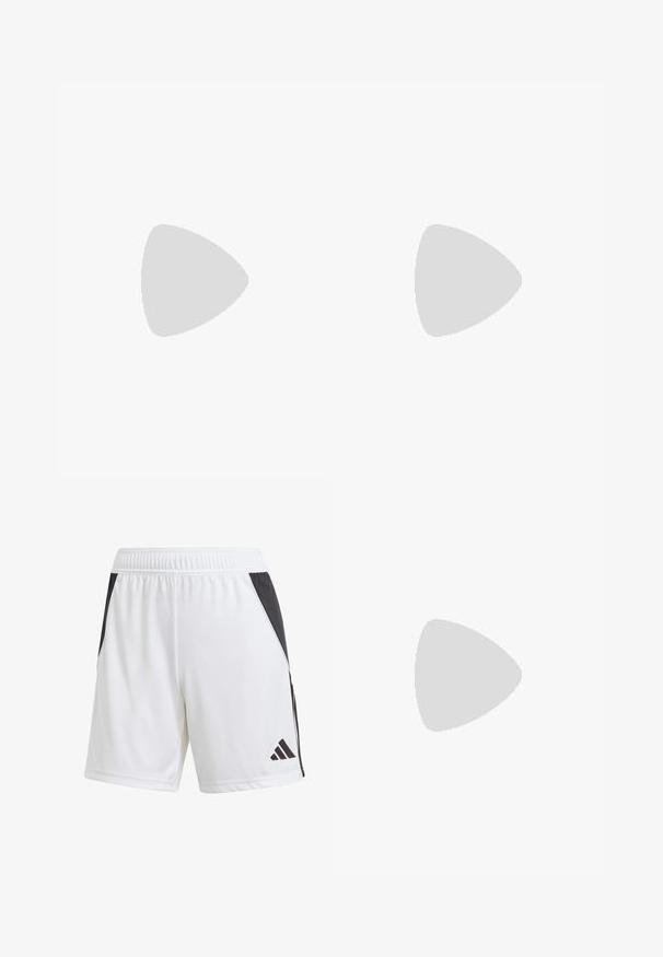 Mørkeblå sports T-shirt med korte ærmer, udstyret med blå accenter, hvide striber på siderne og et logo på brystet. Glat tekstur.; Hvide sportsshorts med en sort sidepanel, lavet af letvægtsstof. Har en elastisk talje og et sort Adidas logo på den nederste del af benet.; Letvægts sportssko med en cremefarvet mesh-overdel, grå striber, en grøn detalje og en struktureret blå hælkappe. Sorte snørebånd.; Solbriller med en gennemskinnelig grå stel, tonede linser og kantet design. Har en karakteristisk næsestykke og strukturerede mørkegrå tempelarme.