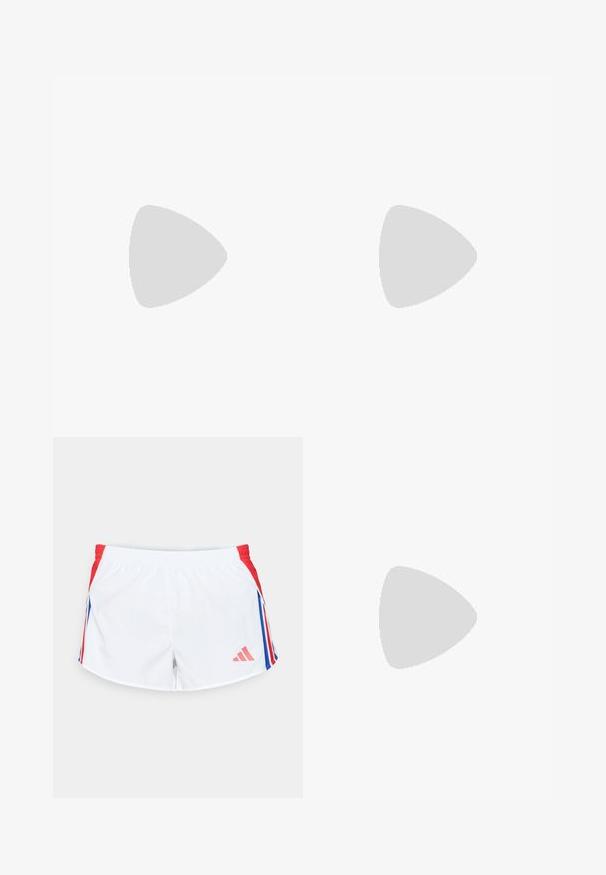 Dlhý rukáv športovej košele, bielej farby s šedými akcentmi. Má okrúhly výstrih, priedušnú látku a dizajn s tromi pruhmi na rukávoch.; Biele športové šortky s červenými bočnými panelmi a modrými pruhmi. Elastický pás a logo na dolnej ľavej strane. Hladký textilný povrch.; Ľahké atletické topánky s krémovým sieťovinovým zvrškom, sivými pruhmi, zeleným akcentom a štruktúrovaným modrým pätovým oporom. Čierne šnúrky.; Slnečné okuliare s priehľadnými sklami, bielym rámom a šedými gumovými nosnými podložkami. Majú elegantný dizajn, ostré tvary a minimálne kovové akcenty.