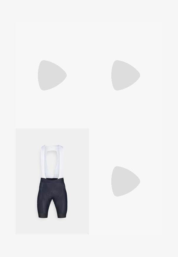 Marineblauwe langekant trui met een ritskraag, gemaakt van zachte stof. Bevat een diagonaal paneelontwerp en een subtiel logo op de borst.; Mannen fietsshorts met witte bretels, gemaakt van rekbare stof; marineblauw van kleur met een gevoerd zitvlak voor comfort en minimale naden.; Witte en zilveren fietsschoenen met een bovenwerk van mesh, getextureerde accenten, verstelbare banden en een rubberen buitenzool voor grip en stabiliteit.; Zonnebril met een wit frame, grijze accenten en blauwe spiegelglazen. Sportief ontwerp, omhulde vorm en verstelbare neuspads.