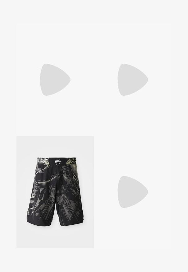 Černé sportovní tričko s dlouhým rukávem, texturovaná tkanina, přiléhavý design, s bílými grafickými vzory a oranžovým logem na lemu.; Černé šortky s vícebarevným grafickým potiskem s mechanickými designy. Elastický pas s logem na zadní straně. Lehce látka.; Vysoké sportovní boty s černou síťovinou a syntetickým materiálem, texturovanými akcenty, červenou gumovou podrážkou a zlatými detaily na zápěstí.; Černé boxerské rukavice s matným povrchem a ergonomickým designem. Oranžové logo a zápěstní pásky s maskovacím vzorem.