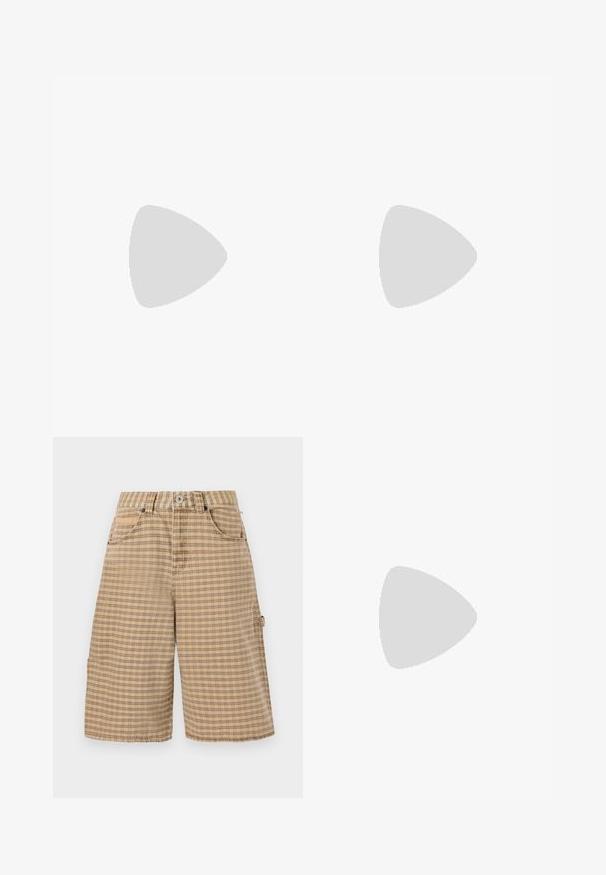 Musta hihaton paita, jossa on neliön muotoinen pääntie. Paita sisältää solmittuja olkaimia ja kultaisia yksityiskohtia. Valmistettu sileästä, venyvästä kankaasta.; BDG Urban Outfitters CHECK NICOLA JORT - Shortsit - beige; Mustat nahkaiset liukusandaalit, joissa on ristikkäisnauhat, litteät pohjat ja sileä pinta. Minimalistinen ja monochromaatinen estetiikka.; Kolme paria suorakulmaisia aurinkolaseja: yksi vaaleanpunainen, yksi valkoinen, yksi musta. Kaikissa on tummat linssit ja kiiltävä muovikehys.; Mustavelhainen hobo-laukku, joka on valmistettu sileästä nahkamaa-aineesta, jossa on kierrätetty kahva. Laukku on pehmeän pyöreä muoto ja siinä on vetoketjulla suljettava yläosa.; Kultaketjut kullasta, joissa on sileä, kiiltävä pinta. Pyöreä muotoilu, jossa on pieni tappi ja kirkas taustalevy turvalliseen käyttöön.