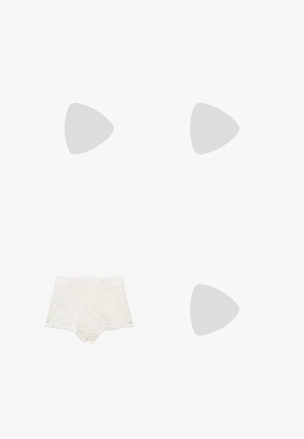 Two black fabric headbands with a seamless, smooth texture and curved design, suitable for various hair styles and activities.; White lace shorts with a scalloped hem and an intricate floral pattern. Soft texture with an elastic waistband for comfort.; Black leather heeled sandals featuring thin straps, a square toe, and a stiletto heel. Adjustable ankle strap for fit. Smooth texture.; Woven straw basket with a flared shape, featuring a black leather base and handles. Textured natural fibers with smooth black accents.; Gold-toned rings with smooth, rounded shapes intertwining. High-polish finish with a reflective surface, showcasing a seamless design.