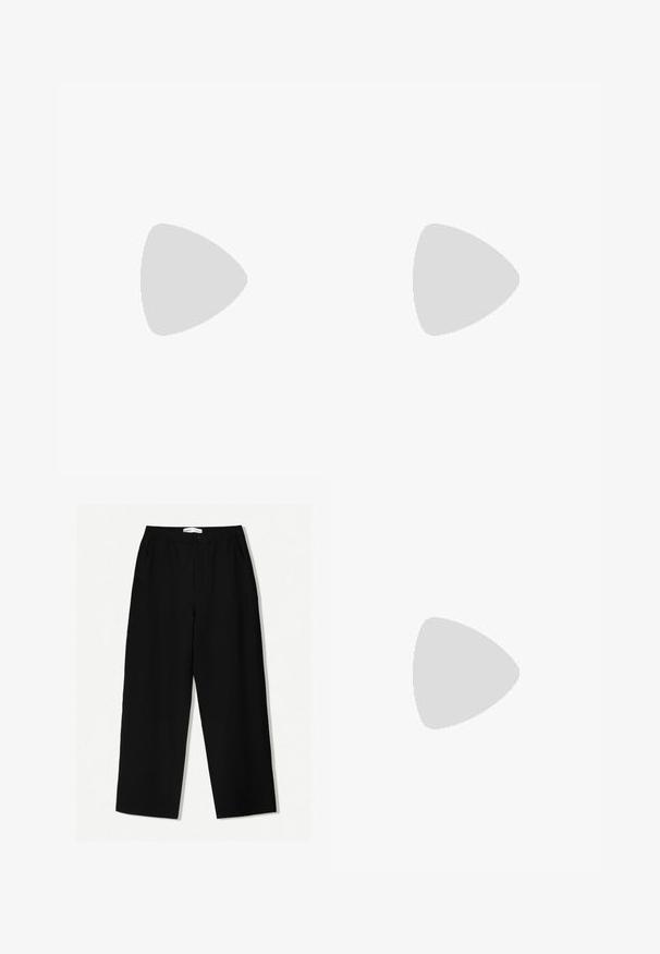 ARMEDANGELS JAAMES - Basic T-shirt - white; Bershka BAGGY  - Trousers - black; Beige clogs with a rounded toe, adjustable buckle accent, and cork footbed. Textured surface with a black rubber sole for grip.; Black plastic sunglasses with green lenses, square frames, silver accent on the brow, and textured temple arms. Stated brand on inner arm.