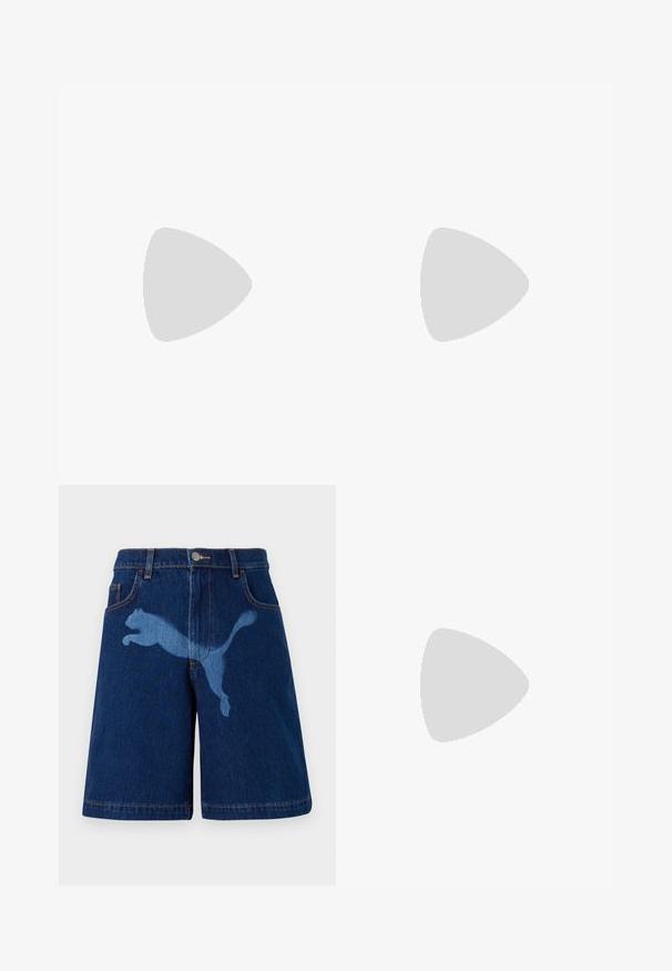 Lilla T-shirt med korte ærmer med teksten "Ripndip Plna", to hvide katte og små hvide blomster trykt i lyse lilla og hvidt på brystet.; Mørkeblå denimshorts med en lyseblå silhuet af en springende kat. Klassisk design med fem lommer og synlige syninger.; Læder sneakers i off-white med rund tå, der har beige gummisåler og fem øjer til snørebånd, struktureret finish på overdelen.; Skildpaddefarvede solbriller med grønne linser, der har en oktagonal form og slanke, buede arme. Materialet har en blank finish.