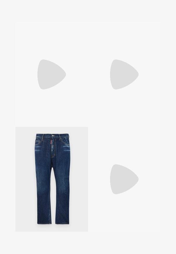 Jūros mėlynos spalvos trumpomis rankovėmis polo marškiniai, pagaminti iš minkštos medžiagos, turintys apykaklę, tris mygtukus ir mažą išsiuvinėtą "D2" logotipą ant krūtinės.; Tamsiai mėlynos džinsinės kelnės su tiesiu kirpimu, turinčios šviesių blukimo dėmių, geltonas siūles, priekines kišenes ir sagčio užsegimą.; Baltos žemos sportbačiai su tekstūruota odine viršutinė dalimi, kreminė banguota priekiu ir ruda kulno akcentu. Yra baltos raištelės ir logotipas ant kulno.; Per didelės juodos saulės akinių su gradientiniais purpuriniais objektyvais, blizgidmu ir auksiniais akcentais ant šventyklių. Stačiakampio formos rėmas.