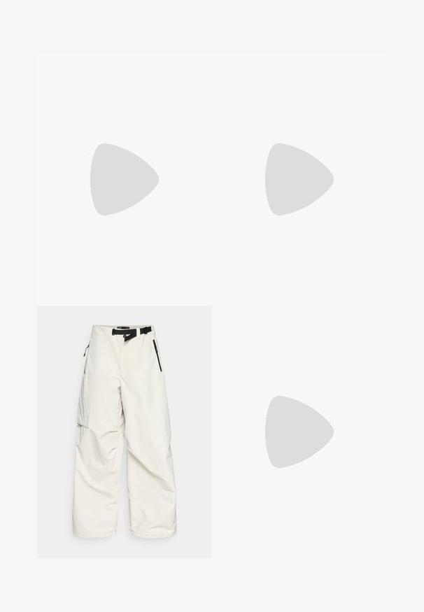 Must have pikkade varrukatega must särk, mis on valmistatud kergetest kangast. Sisaldab ümmargust kaelust, raglanvarrukaid ja väikest logo rinnal.; Valged cargo püksid, mis on valmistatud veekindlast kangast, millel on vöö ja küljetaskud lukuga, ning lahtine, lai jala disain.; Bežsuede matkajalats musta kummiTallaga, tekstuursete aktsentidega ja peegeldavate paeltega. Omab tõmbluku jaoks tõmbeäärt, et oleks lihtne selga panna.; Mustad must sportlikud prillid hallide läätsedega, kõverate raamide kujundus ja logodetail küljel. Valmistatud kergest plastmaterjalist.