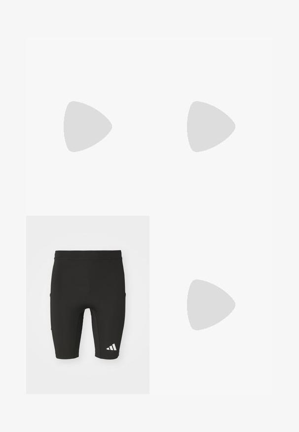 Långärmad atletisk tröja i svart tyg, med reflexsilver detaljer på axlar och ärmar, rund halsringning med lätt textur.; Svarta sportshorts med en åtsittande design, tillverkade av elastiskt tyg. Har tre fickor och en vit Adidas-logotyp på det nedre benet.; Ett par svarta Adidas Adizero löparskor med vita ränder och skosnören på vit bakgrund, placerade sida vid sida.; Vita plastsolglasögon med stora ovala linser, gråtonade. Har svarta örongrepp och en liten logotyp på ramen. Slät yta.