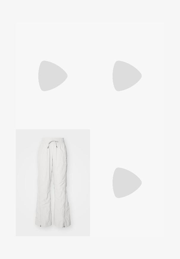 Három ujjatlan top menta zöld, fekete és bézs színben; bordázott anyagból készült, kerek nyakkivágással. A márkajelzés látható.; Világosszürke munkásnadrág, texturált szövetből készült, rugalmas derékkal és húzózsinórral, oldalsó zsebekkel és cipzárokkal a bokán.; Világosszürke sportcipők, hálós és szintetikus felső résszel, fűzős zárással, párnázott bokával és texturált talppal a tapadás érdekében.; Pilóta napszemüveg, melynek áttetsző kék lencséje, ezüst fém kerete és díszes csillag díszítések találhatók a lencsén. Simogató és elegáns dizájn.