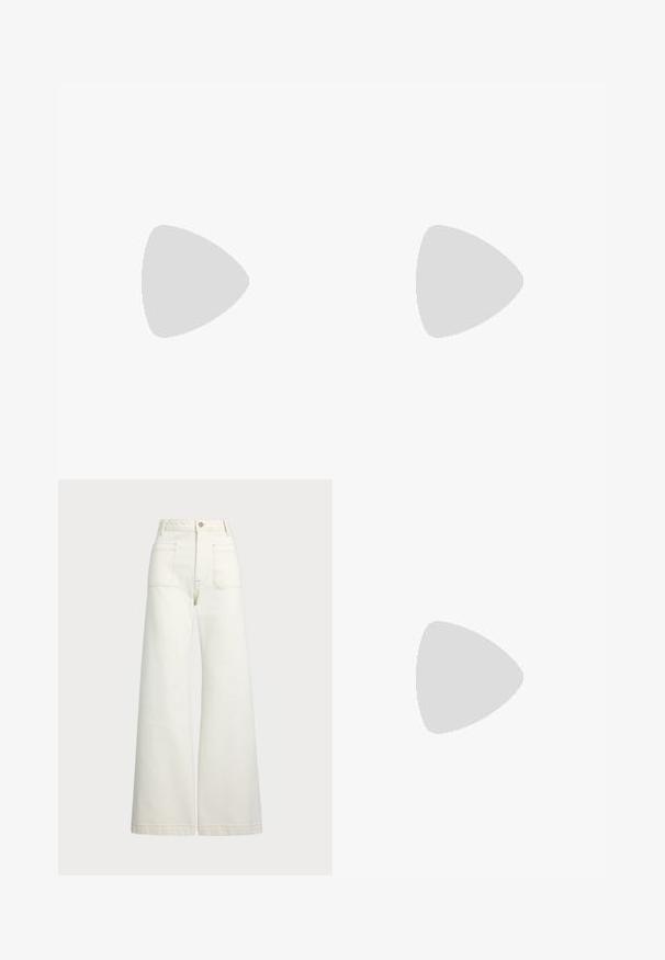 Lila póló ing galléros nyakkal, átlós csíkokkal és sima, texturált anyaggal. Négy gombos részlet.; Széles szárú farmernadrág off-white denim anyagból. Magas derekú dizájn, gombos záródással, két elülső zsebbel és kontrasztos varrási részletekkel.; Tengerészkék vászon wedge szandál espadrille kötésű talppal és krém színű szalagos megkötővel a bokán. Zárt sarokkal és kerek orral rendelkezik.; Barna textúrájú bőr keresztbody táska arany lánc pánttal és fedélzárral. Az elején logó részlet és egy zseb található a fedél alatt.