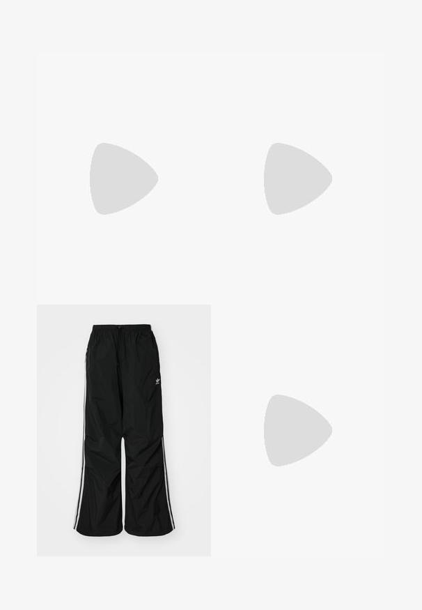 Zwarte geribbelde crop top met een ronde halslijn en brede schouderbanden. Heeft een aansluitende pasvorm en naadloze randen voor comfort.; Zwarte windbreakerbroek met een elastische tailleband, koordjes, witte zijstrepen, losse pasvorm en een klein logo aan de linkerkant.; Crème leren sneaker met drie donkere strepen, een bruine gumrubberen zool en een ronde neus. Voorzien van een opvouwbare tong met het label "SAMBA."; Witte zonnebril met ronde montuur en donkere glazen. Heeft een gladde plastic structuur en een klein logo op de poot.; Zilveren metallic handtas met een slank, gestructureerd ontwerp, voorzien van een textuur-holte, een schouderband en een reliëflogo-accent.