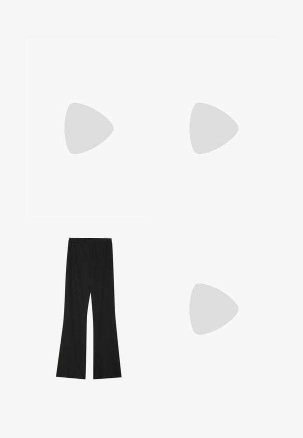 Bec + Bridge SASHAY BODYSUIT - Top - black; Black flared pants with a textured fabric, featuring an elastic waistband and a loose fit, designed for comfort and ease of movement.; Silver high-heeled sandal with a shiny strap design, featuring a pearl-like accent and a spiraled ankle strap for secure fit.; Silver metallic heart-shaped handbag with dual handles, chain strap, and smooth texture. Features metal hardware and stitched edges.