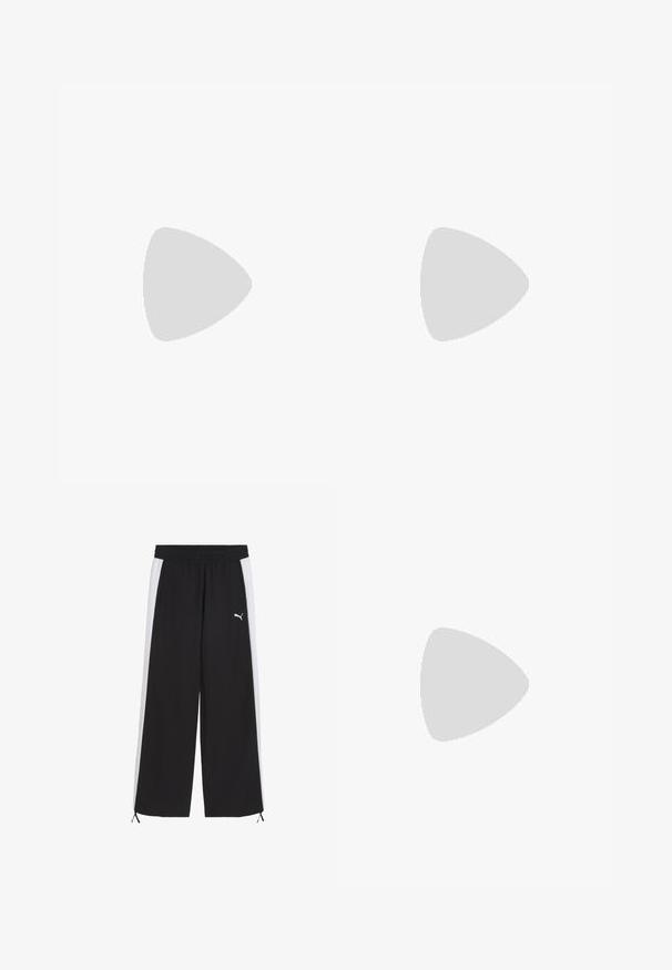 Námořnický rash guard s dlouhým rukávem vyrobený z hladké tkaniny, s jemným vzorem, logem UFC na hrudi a osmihrannou nášivkou v pase.; Černé sportovní kalhoty s bílými bočními pruhy, elastickým pasem a šňůrkou na lemu. Obsahují malé bílé logo.; Černé sportovní boty s síťovinou, bílou podrážkou a černými akcenty. Podešev má texturovaný vzor. Nosené s černými kalhotami na modrém kobercovém povrchu.; Černá kabelka z měkkého texturovaného materiálu. Má vlnitý design, jedno ramenní ucho a decentní logo detail na přední straně.