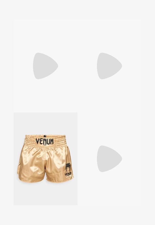 Svart bomulls t-skjorte med et stort kamuflasjemønster og "Venum"-tekst i grønt på skuldrene. Korte ermer, standard passform.; Gylne sateng bokseshorts med svart "VENUM" logo på midjebåndet og siden, med en jevn tekstur og elastisk midjebånd for komfort.; Høye idrettssko med svart nettverksutside og beige detaljer. Teksturert gummisåle og logo på siden.; Svarte boksinghansker med matt finish og ergonomisk design. Oransje logo-detaljer og håndleddsstropper med kamuflasjemønster.