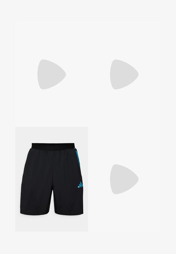 Camisa desportiva Adidas de tom azul claro, feita de tecido em malha. Apresenta mangas curtas, gola redonda canelada e logotipo e texto em preto na parte da frente.; Calções atléticos pretos feitos de um tecido leve, com riscas laterais azuis e um logótipo da adidas. Cintura elástica para maior conforto.; Tênis de corrida leves em azul pálido com riscas pretas. Apresentam um cabedal liso, bico redondo e uma entressola espessa branca rotulada como "LIGHTSTRIKE PRO."; Mala de duffel azul-marinho com o logótipo branco da Adidas, apresentando um topo com fecho, duas alças pretas robustas e bolsos laterais em malha. Textura do tecido suave.