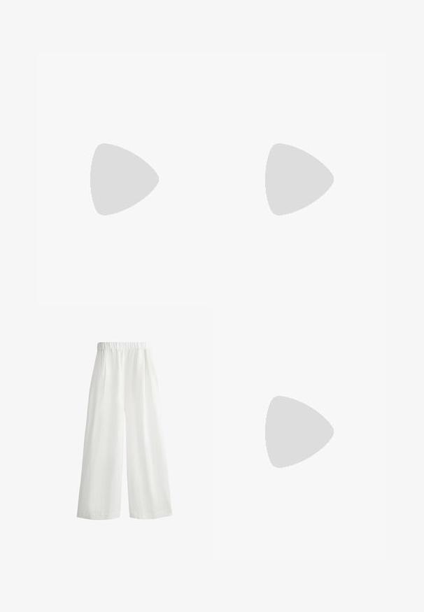 Bílý bezramínkový top vyrobený z texturované krajky s plisovaným korzetem a nařaseným lemem. Obsahuje detail s tkaničkou na výstřihu.; Bílé široké kalhoty s elastickým pasem, se sklady na přední části a lehkým texturovaným materiálem.; Hnědé kožené kovbojské boty s špičatou špičkou, vyraženými křídly, středně vysokým blokovým podpatkem a úchytem vzadu.; Kulaté sluneční brýle hnědé barvy s lesklým burgundským rámem. Úzké nožičky s jemným logem. Rovné čočky.