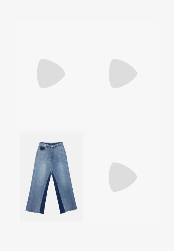 Gai bēšs adīts džemperis ar brīvu piegriezumu, apaļu kakla izgriezumu un īsām sarullētām piedurknēm. Tam ir vaļīga adījuma struktūra un ribota apakšmala.; Gaiši zili platā piegriezuma džinsi ar kontrastējošiem tumši ziliem paneļiem, nodilušiem apakšmalām un standarta jostasvietu ar metāla pogu aizdari.; Beige smailā purngalā siksnu kurpe ar melnu akcentu, zelta sprādzi un masīvu bloku papēdi uz pelēka grīdas ar tumši zaļu fonu.; Brūns ādas plecu soma ar izliekta formu, zelta piederumiem un sprādzes akcentu. Iesaiņota ar noņemamu plecu siksnu.