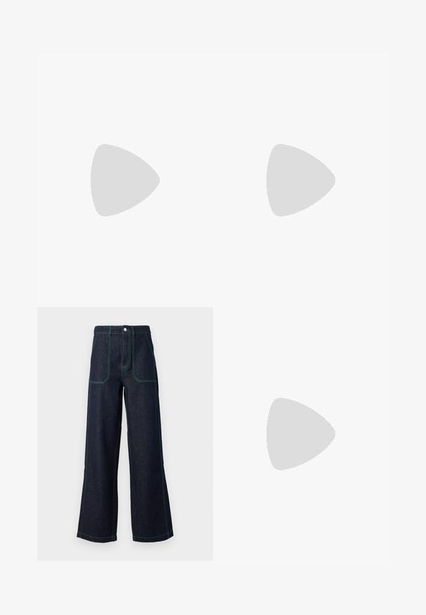 Groen mouwloos topje in een aansluitend ontwerp, voorzien van een witte ronde hals en armsgaten met afwerking, gemaakt van een soepele, rekbare stof.; Wijdpijpen donkerdenim jeans met groene contraststiksels, vijf-pocketontwerp, knoopsluiting en een hoge taille.; Zwarte leren ballerina met een ronde neus, gladde textuur, minimale stikdetails en een flexibele zoolontwerp.; Bruine leren handtas met een klep sluiting, gouden hardware, een schouderband en een gladde textuur. Compact rechthoekige vorm.