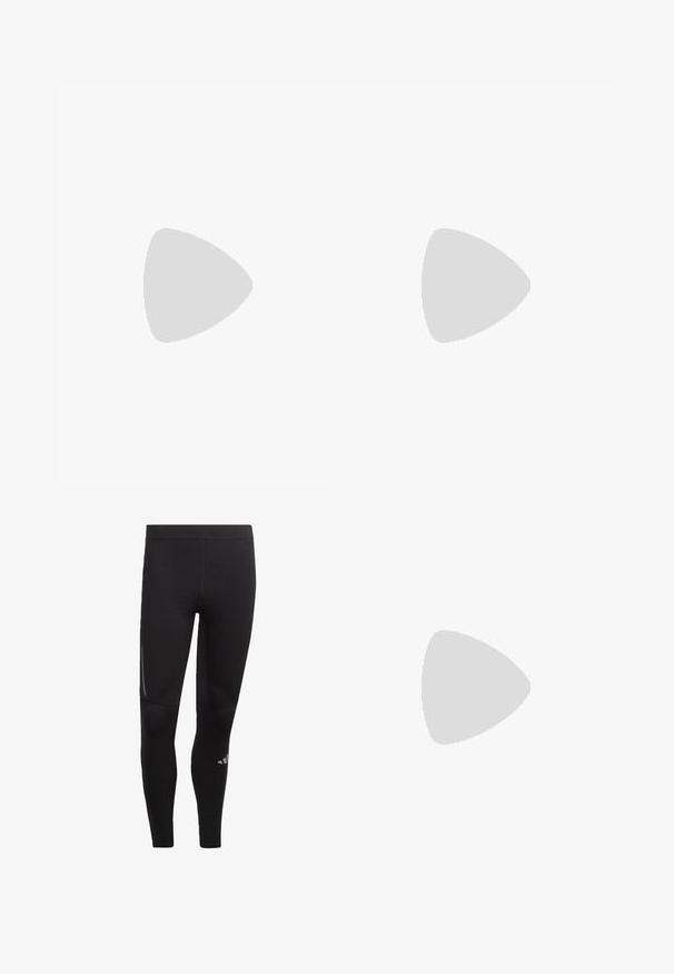 Juodas ilgomis Rankovėmis sportinis marškinėliai, turintys slim fit siluetą, apvalų iškirpimą ir baltą Adidas logotipą ant krūtinės. Lygus, elastingas audinys.; Juodos sportinės legging kelnės, pagamintos iš elastingos medžiagos, pasižyminčios aukšta juosmens juosta, atspindinčiais akcentais ir logotipu prie kulkšnies. Lygus paviršius.; Baltas sportinis batelis su tekstūruotu viršumi, atspindinčiais akcentais ir pilka pado spalva. Yra ryškiai akcentuoti trikampiai raštai ir greito užrišimo sistema.; Juodi akiniai saulės su matinio paviršiaus užbaigimu, stačiakampiai lęšiai, švelnus lenkimas ant šventyklų, subtilus logotipo detalizavimas ir dūminiai lęšiai.