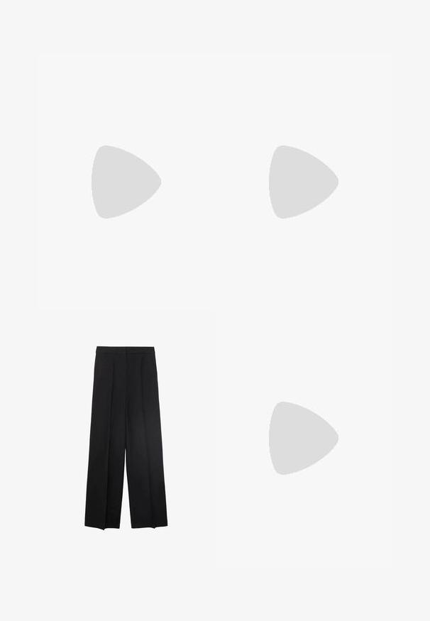 Ribbed, sleeveless top in light gray with a round neckline and subtle branding on the front. Made from a soft, stretchy material.; Wide-legged black trousers with a smooth texture, featuring pleats at the front and a high waist design. No visible pockets or hardware.; Black heeled sandal with a glossy finish, featuring two slim straps and an ankle strap, set on a slender stiletto heel.; Black cat-eye sunglasses with a matte finish, featuring gray tinted lenses, sharp angles, and sleek side arms. Brand name visible on the inner arm.; Black leather handbag with a gathered top, two shoulder straps, gold-tone hardware, and a central circular accent. Smooth texture, compact shape.