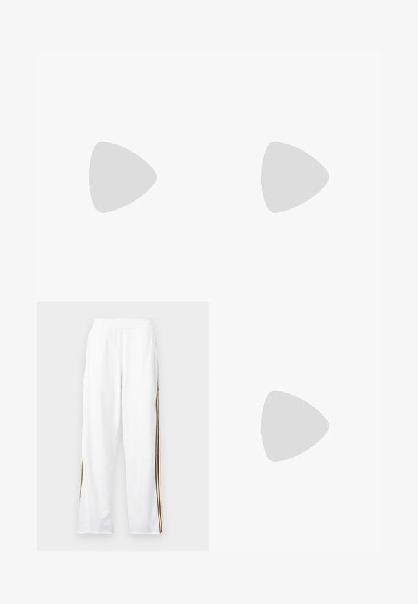 Smeđi crop top napravljen od glatkog materijala s tankim, podesivim trakama. Ima zaobljeni izrez i prilagođeni kroj.; Bijele atletske hlače s elastičnom trakom oko struka, sa vertikalnim prugama u zelenoj, smeđoj i narančastoj boji uz bokove. Mekana tekstura.; Masivne bijele tenisice od teksturirane mreže i sintetičkih materijala, sa debelim potplatom i složenim uzorcima duž strana.; Bežna torba od mekog materijala s opuštenim dizajnom, šivanim detaljima i dva remena za rame. Pogodna za svakodnevnu upotrebu.