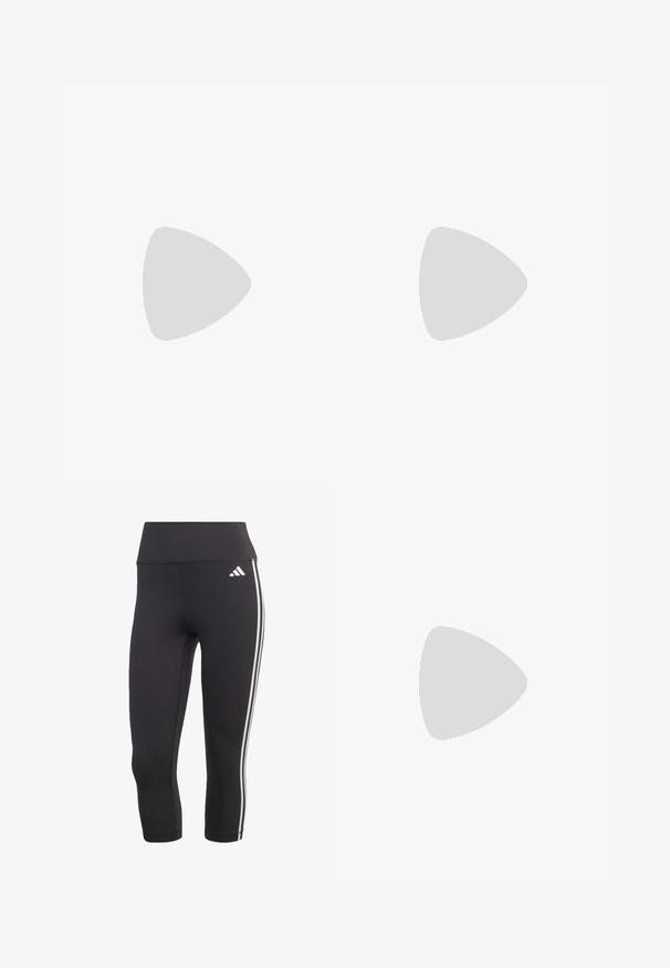 T-shirt nero a maniche corte realizzato in tessuto morbido. Presenta un classico collo rotondo e una vestibilità rilassata. Nessun motivo o accento visibile.; Leggings neri a tre quarti realizzati in materiale elasticizzato, con una cintura larga e tre strisce bianche lungo i lati.; Sandali in pelle con tacco basso in beige, realizzati con materiali sintetici lisci. Design minimalista con un inserto per le dita e una soletta arrotondata.; Occhiali da sole ovali con una montatura traslucida di un giallo pallido e lenti marroni. Presentano una superficie liscia e sottili dettagli metallici sui lati.
