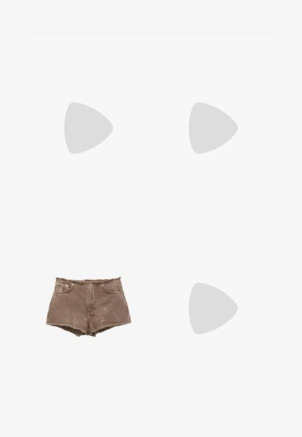 Knit top in pale green with a scoop neckline. Features a textured upper section and a loose, open weave bottom hem.; Brown denim shorts with frayed hem, five-pocket design, and metal button accents. Material appears slightly distressed with a textured surface.; Suede clogs in light olive green with a molded cork and rubber sole. Features a side strap with a metal buckle and a rounded toe.; Brown synthetic leather handbag with a curved shape, zipper closure, and decorative silver studs along one side. Features a short shoulder strap.