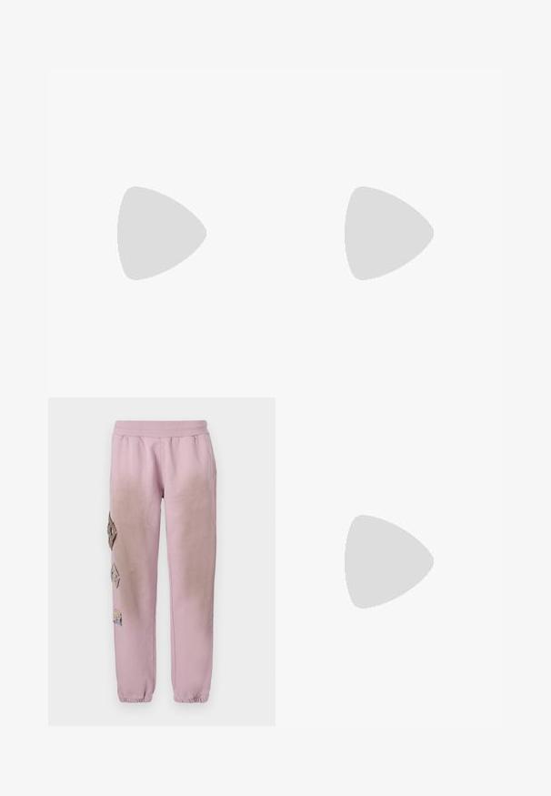 Navy long-sleeve turtleneck top made from smooth, stretchy material. Fitted design with a high neck and no visible patterns or accents.; Pink sweatpants with an elastic waistband, featuring decorative patches in diamond shapes on the left side and elastic cuffs at the ankles.; Black leather ballet flat with a rounded toe, smooth texture, minimal stitching detail, and a flexible sole design.; Brown leather handbag with a flap closure, gold-tone hardware, a shoulder strap, and a smooth texture. Compact rectangular shape.