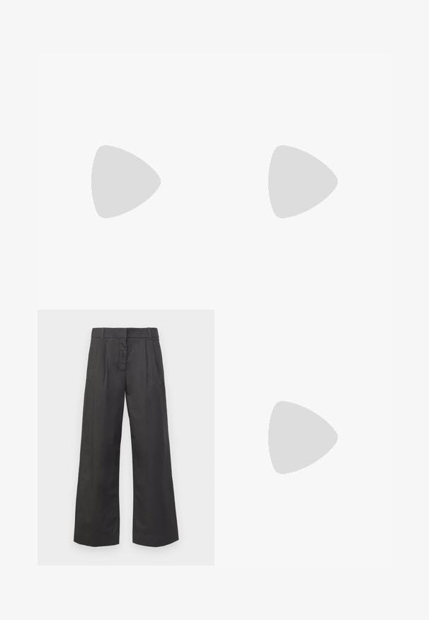 Débardeur noir sans manches en tissu doux, avec un col drapé et des détails froncés sur les côtés pour une silhouette ajustée.; Pantalons évasés en tissu noir, dotés d'une taille haute, de plis avant et de poches discrètes. Texture lisse avec une finition soignée.; Escarpin noir en cuir à bout pointu avec une bride de cheville et un talon épais. Texture lisse, design élégant et esthétique minimaliste.; Sac fourre-tout en cuir noir avec une texture lisse, de forme rectangulaire et deux longues poignées. Pas de matériel ou d'ornementations visibles.