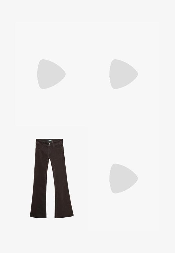 Dark blue long-sleeve top with a wide neckline and flared sleeves. Made of a smooth textile, features a fitted body and minimal design.; Brown flared jeans made from a soft fabric, featuring two front pockets, two back pockets, and metal button closures at the waist.; Maroon patent leather slingback pump with pointed toe, mid-height kitten heel, and silver buckle strap on white background.; Brown satin bag with a gathered design, featuring silver circular handles and metallic accents for closure. Smooth texture throughout.