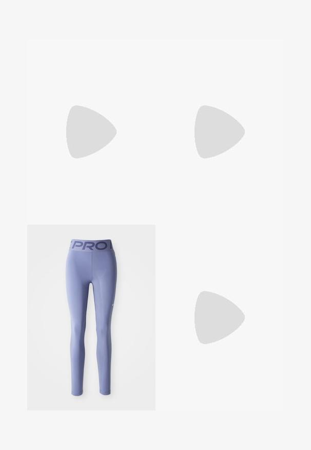 Nike women's soccer jersey, blue with red and purple pixelated pattern, short sleeves, V-neck, white collar, features crest and logo on front.; Purple leggings made of stretchy material, featuring a wide waistband with "PRO" printed in darker purple and a small logo on the lower leg.; White Nike sneakers with black accents, featuring a smooth leather upper, white laces, and sturdy rubber outsoles, paired with white ribbed socks.; Black leather handbag in a crescent shape with a smooth texture, a single adjustable strap, and a zip closure on the side.