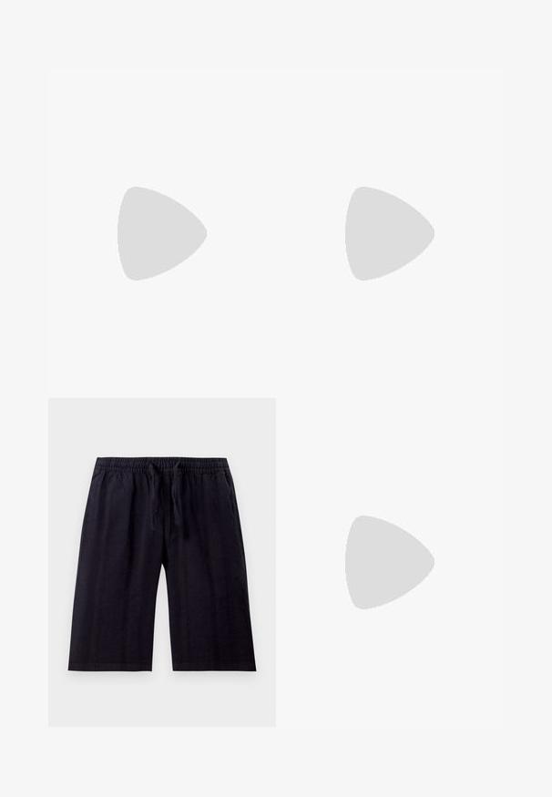 Camiseta negra de manga corta, hecha de algodón, con un bolsillo en el lado izquierdo del pecho, costuras blancas en contraste y un cuello redondo.; Pantalones cortos negros hasta la rodilla hechos de una tela ligera. Presentan una cinturilla elástica con cordón y una textura suave. Diseño simple.; Zapatilla de cuero blanca con patrón en relieve, mediopie blanca texturizada y acento negro en el talón. Presenta punta redondeada y cordones planos.; Gafas de sol rectangulares negras con lentes oscuros, que presentan un marco grueso, acentos sutiles en los lados y sin logotipos visibles más allá del nombre de la marca.