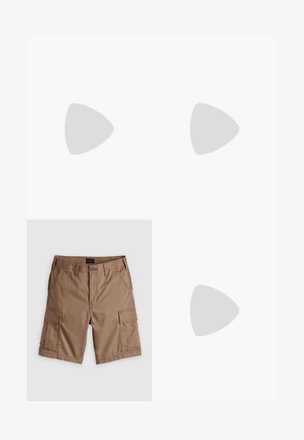 Cream-colored short-sleeve t-shirt with thin vertical brown stripes and "New Era" logo embroidered in brown on the chest.; Brown cargo shorts made of cotton, featuring multiple side pockets, a button closure, and a flat front design. Smooth texture, casual style.; White low-top sneaker with lace-up front, gray suede heel patch, and "Tommy Hilfiger" logo on the side.; Metal-framed sunglasses with oval green lenses. Thin silver metal frame and black ear tips. Minimalist design, no visible logos.