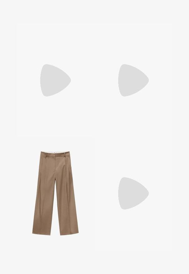 Pitkähihaine off-the-shoulder paita kreemivalkoisena, valmistettu sileästä kankaasta, jossa on istuva siluetti ja poimuttaminen kaula-aukossa.; Vaatteet, joissa on leveät lahkeet ja korkea vyötärö lämpimässä ruskeassa sävyssä, varustettu etupuolen laskoksilla ja siistillä viimeistelyllä, jotka on suunniteltu tyylikkääksi ja mukavaksi istuvuudeksi.; Musta verkkokangas litteä kenkiä, jossa on teräväkärkinen malli, koristeellinen nauha ja solkilukko. K textured yläosa ja sileä musta pohja.; Kultaista paljettikangasta oleva nyöriolkalaukku, jossa on pyöreä kahva, kiiltävät pyöreät paljetit ja teksturoitu kangas. Mittoja ei ole ilmoitettu.